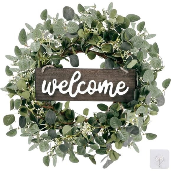 Green Eucalyptus Leaf Wreath with Welcome Sign 20in Artificial Eucalyptus Wreath - Picture 1 of 7